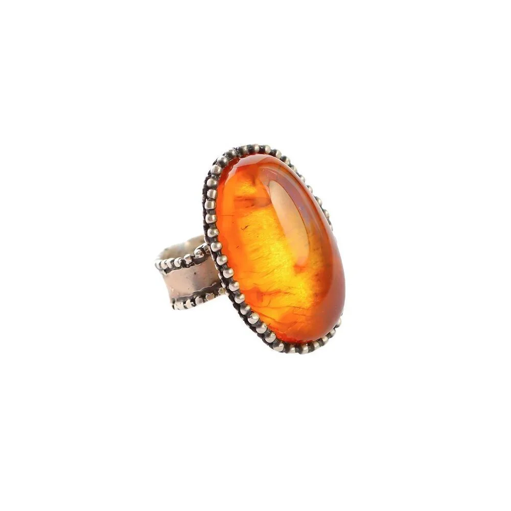 Medieval Baltic Amber Brutalist Ring in 925 Sterling Silver